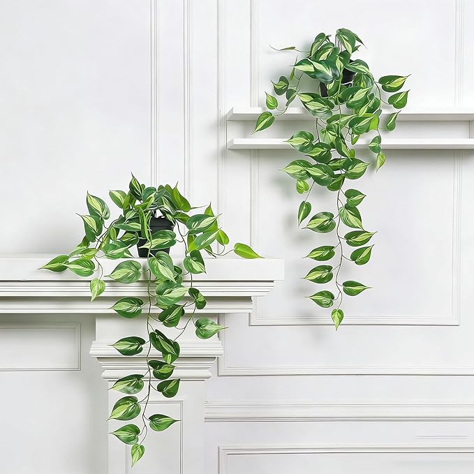 Fake Pothos Hanging Plants with Pots, 33.5" Set of 2 Faux Ivy Vines, Realistic Silk Artificial Plants Greenery for Home Indoor Decor, Living Room, Desk Shelf, Bathroom Decoration