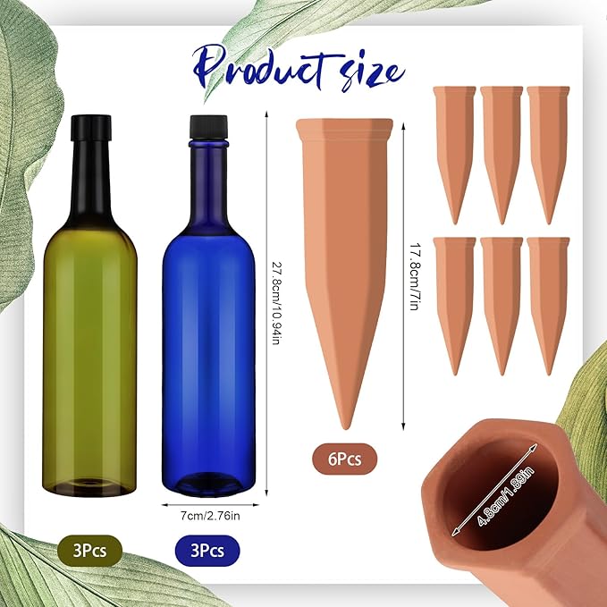 SiliFine 6 Sets Plant Watering Devices Include Terracotta Self Watering Spikes and 26 oz Plastic Bottles, Slow Release Vacation Insert Automatic Plant Waterer Device (Blue Green and Terracotta)