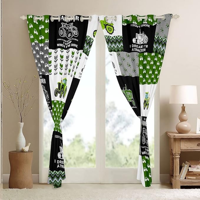 Feelyou Tractor Curtains Farm Tractor Blackout Curtain for Kids Boys Girls Cartoon Car Window Drapes Harvester Excavator Window Treatments Green 42W X 63L，2 Panels