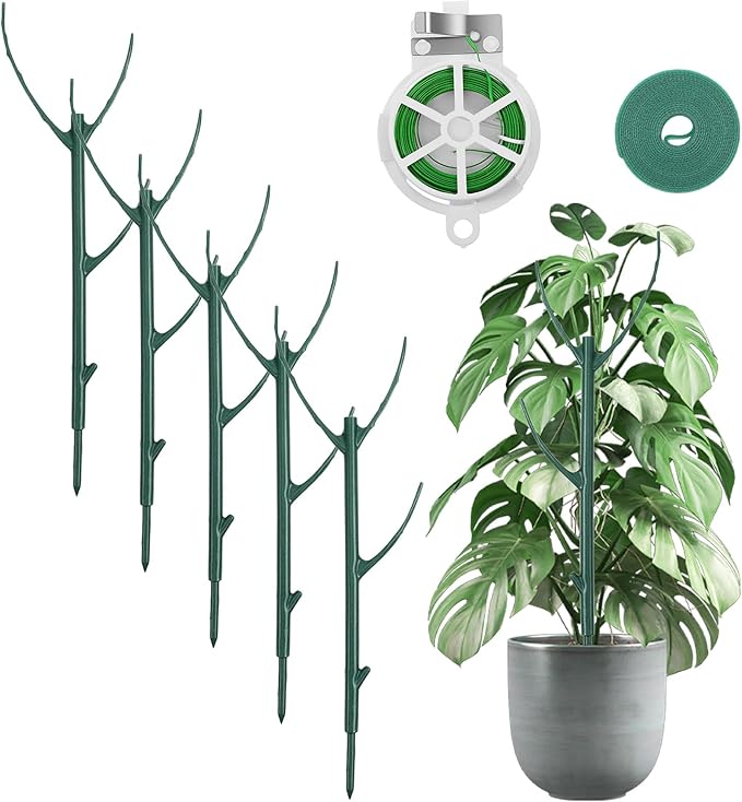 5 Pack Stackable Plant Support Stakes Stem Holder Plant Support Structures Pole Garden Cage Plant Stakes Accessories Climbing plant Sticks Monstera Potted Indoor Outdoor Houseplant with Garden Ties