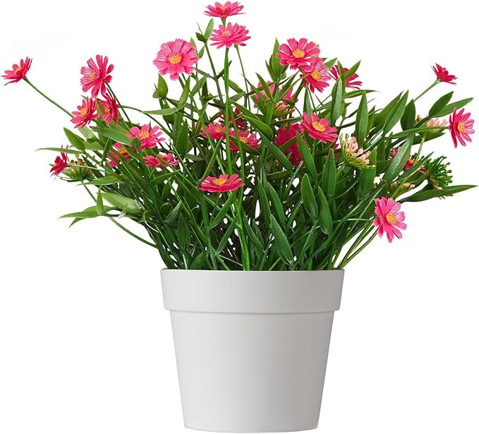 Fake Plants Daisy for Bathroom Decor, Small Potted Artificial Plants Indoor for Shelf Desk Home Bathroom Farmhouse Room Coffee Table Decor, Red