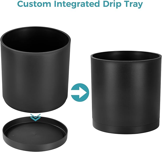 FaithLand 14-Inch Large Modern Cylinder Planter, Thick-Walled Plastic Plant Pot with Drainage Holes and Detachable Saucer, Matte Black, Ideal for Indoor & Outdoor Plants Flowers