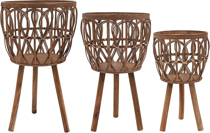 Handcrafted Bamboo Planters with Wooden Legs as Home Decor - Timeless Flower Pots for Entryway and Garden - Patterned Plant Pots for Outdoor and Indoor Plants - Set of 3, 26", 23", 20", Brown