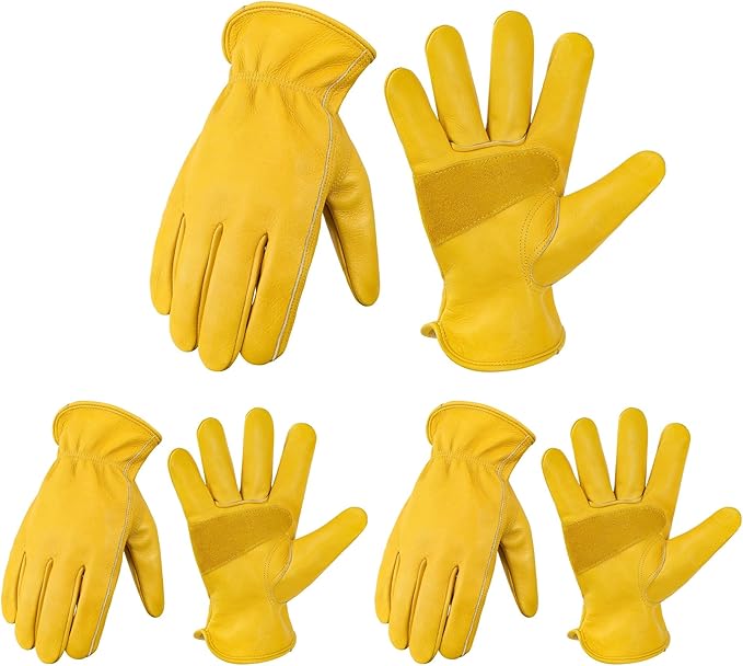 DULFINE Cowhide Leather Work Gloves for Men & Women, Reinforced Durable Gardening Gloves, Puncture & Cut Resistant