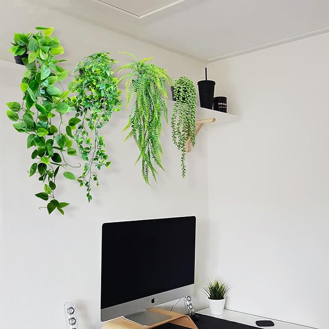 LOYWREE 4 Pack Fake Hanging Plants Artificial Ivy Vine Faux Potted Pothos Mandala Eucalyptus Boston Fern String of Pearls Trailing Plants for Shelf Room Office Home Wall Indoor Outdoor Decor