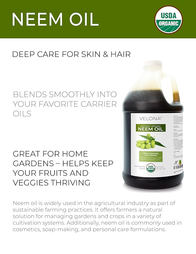 velona Neem Oil USDA Certified Organic - 1 Gallon / 128 Fl Oz | 100% Pure and Natural Carrier Oil | Virgin, Unrefined, Cold Pressed | Hair, Body and Skin Care | Use Today - Enjoy Results