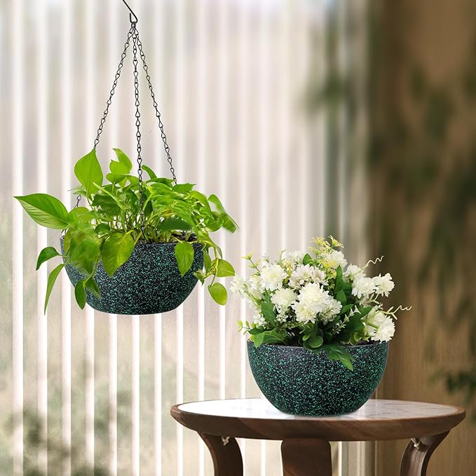 Meowell 8 inch Small Hanging Planters for Indoor Outdoor Plants, 2 Pack Hanging Flower Pots with Drainage Holes and Chain, Plastic Hanging Baskets for House Plants, Black with Green Speckles