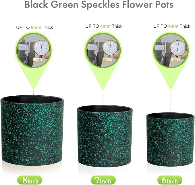 Meowell 8/7/6 inch Plant Pots, 3 Pack Cylindrical Flower Pots for Outdoor Indoor Plants, Decorative Plastic Planters with Drainage Holes and Saucers for Garden House Plants, Black with Green Speckles