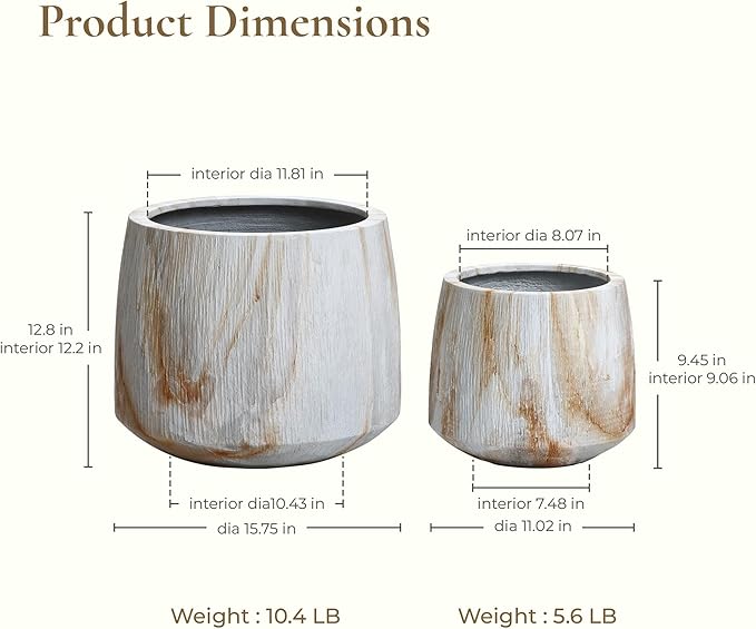 LuxenHome Planters for Indoor Plants, Set of 2 Outdoor Plant Pots with Drainage Hole, Flower Pots for Plants, Rustic Wood Grain Texture Round Tapered Concrete Planter Pots for Home Garden Patio