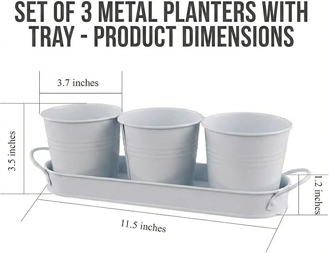 Herb Garden Planter Set – 3-Pcs Set Galvanized Metal Herb Planters for Indoors Plants with Tray – Indoor Plant Pots for Apartment Window, Balcony, Garden – Potting Pots for Herbs and Flowers