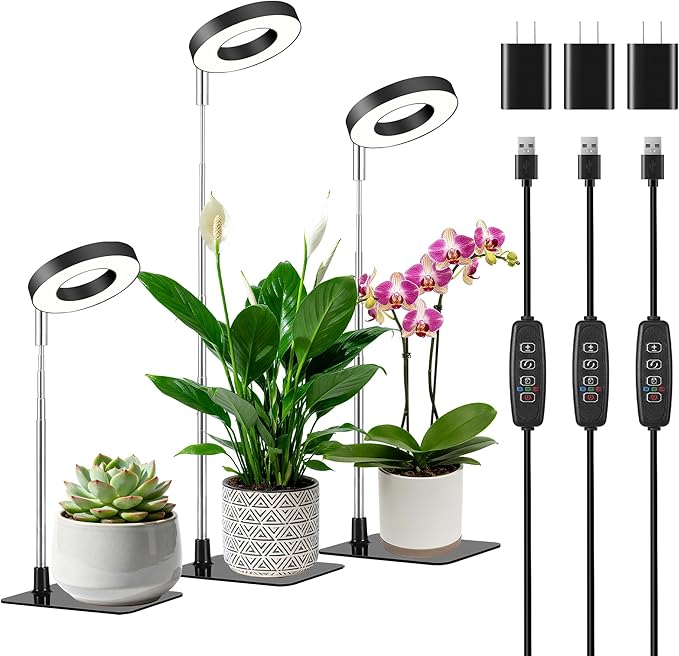 Black 3.54" LED Grow Light, Full Spectrum Plant Lights for Indoor Growing with 3/9/12H Timer, 3 Color Modes, 10 Brightness, Height Adjustable，Small Halo Grow Light with Base, 3 Pack