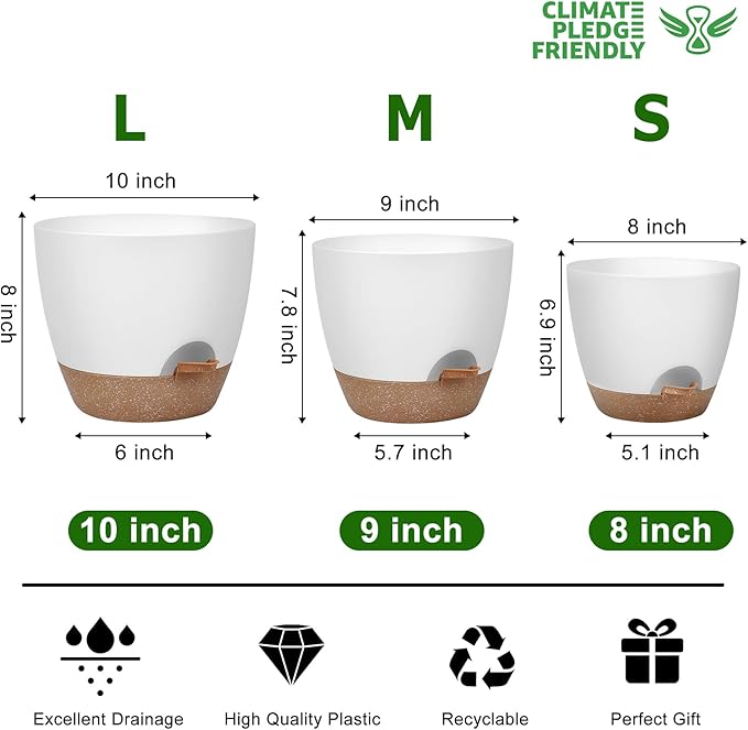 QRRICA Plant Pots 10/9/8 Inch Self Watering Pots, Set of 3 Plastic Planters with Drainage Holes and Saucers,Plastic Flower Pots,Nursery Planting Pot for Indoor Out Door Plants（White）