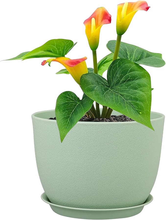 Meowell 12 inch Big Plant Pots, Plastic Planters with Drainage Holes and Trays, Flower Pots for Indoor Outdoor Plants, Modern Decorative Pots for Garden House Plants, Green