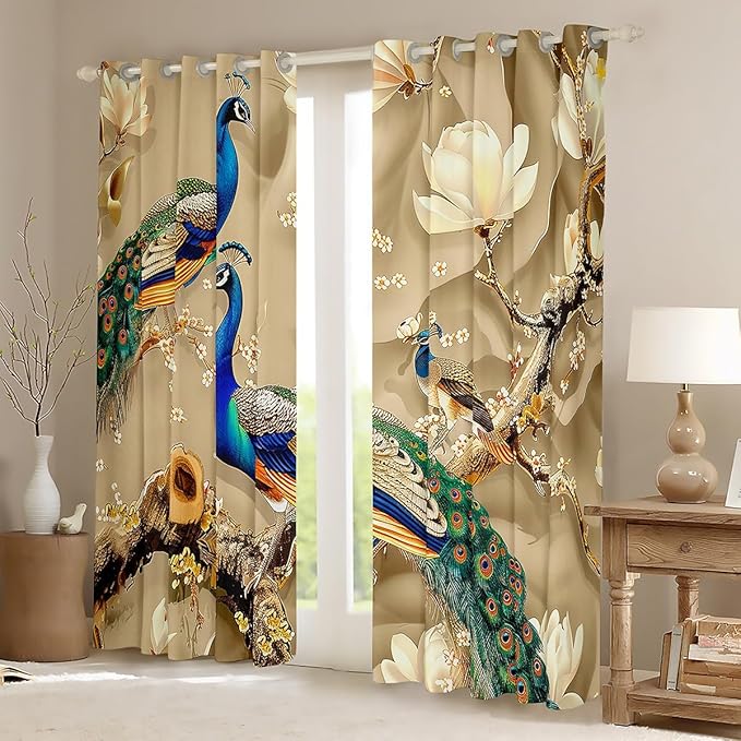 Feelyou Peacock Window Curtains Bedroom Living Room Peacock with Floral Window Drapes Kids Room Decor Adults Girls Animals Curtains Botanical Window Treatments 42W X 63L,2 Panels