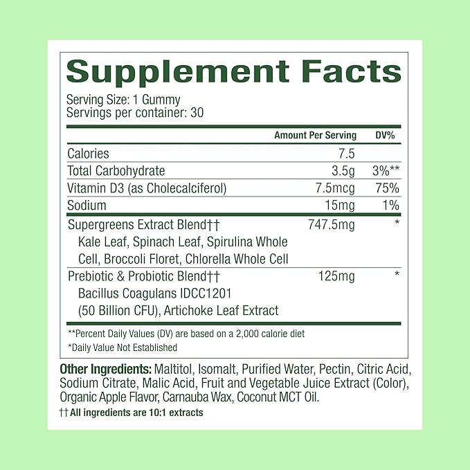 WonderGreens Kids Super Veggie Gummies – Sugar-Free, Allergen-Free Multivitamin for Picky Eaters with Probiotics – Tummy & Immune Support – Green Apple Flavor (30 Count)