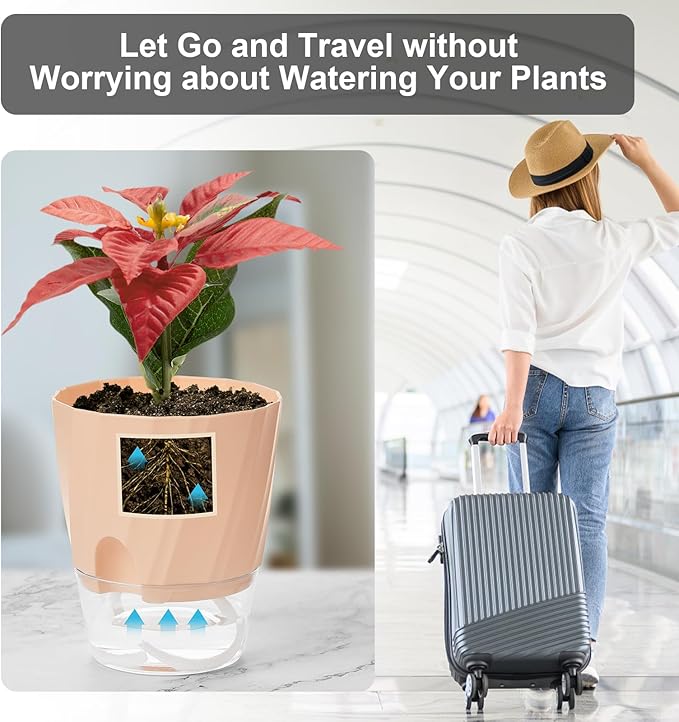 Self Watering Plant Pots 6 Inch, 3 Pack Plastic Indoor Planters with Wick Rope and Reservoir, Decorative Flower Pots for Spider Plant, Orchid, African Violet, Home Office Decor (White, Pink, Blue)