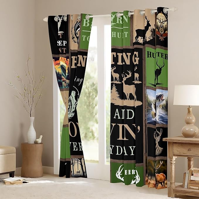 Feelyou Big Pike Fish Window Drapes Deer Curtains for Kids Teens Boys Hunt Blackout Curtain Antlers Fishing Rod Window Treatments 42W X 63L, 2 Panels