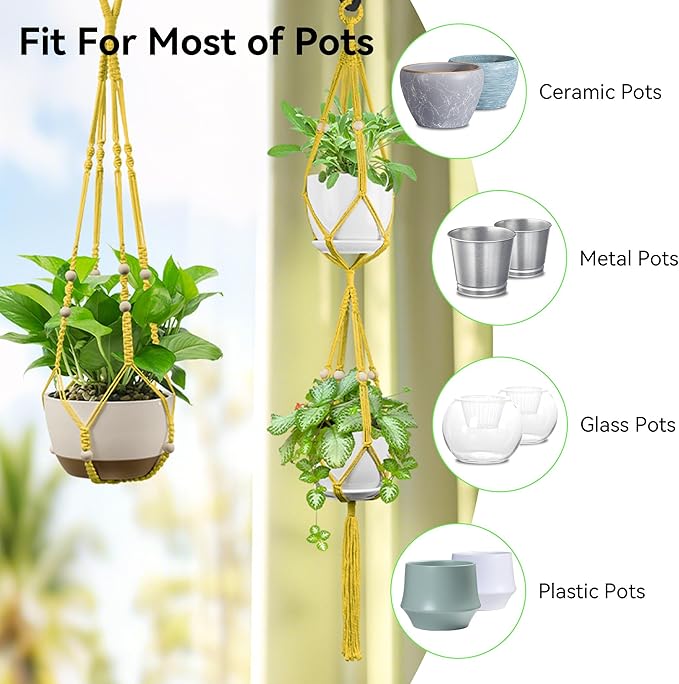 USLAI Macrame Plant Hanger Indoor Outdoor, Up to 4-15 inch Pot, Heavy 20lb Planters, Extra Long Strong Hanging Planter Basket Holder, Boho Home Decor, 35+49 Inch, Yellow (POTS NOT Included)