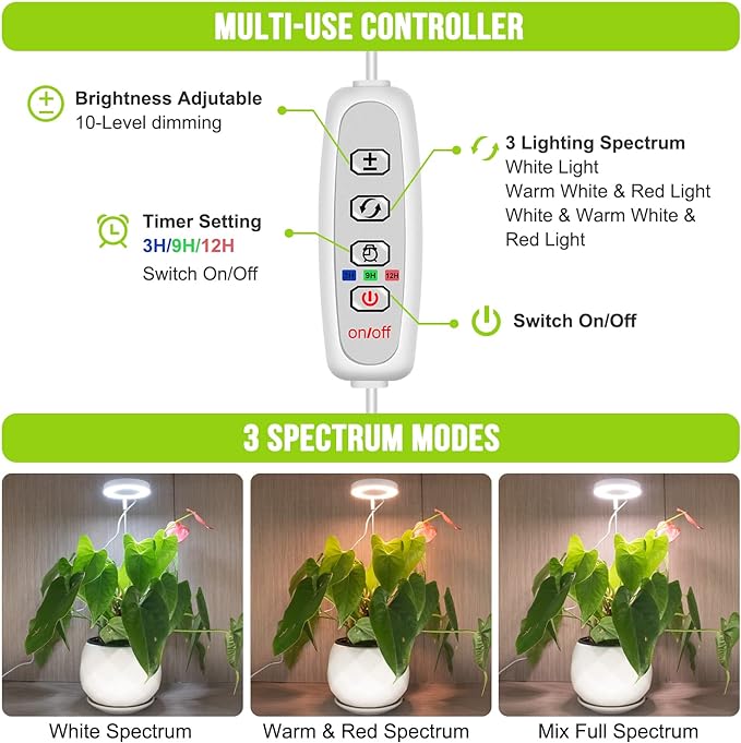 Kullsinss Grow Lights for Indoor Plants, 48 LEDs Full Spectrum Halo Plant Grow Light, Height Adjustable Growing Lamp with Detachable Base, 3/9/12Hrs Timer, 10 Brightness, 3 Color Modes, 5 Pack
