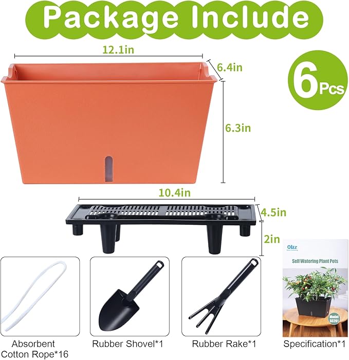 Oliz Window Box Planter 6 Pcs, 12.6 Inches Self Watering Rectangle Flower Plant Pots with Drainage Holes & Breathable Trays, Vegetable Planters for Windowsill Patio Garden Balcony Porch Yard (Orange)