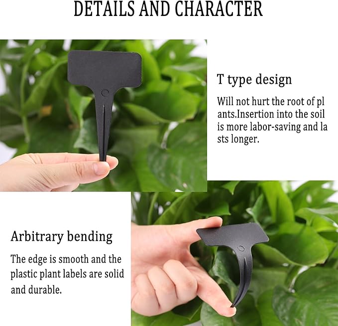 Whaline 100 Pcs Plastic Plant Labels Black T-Type Garden Stake Tags Waterproof Plant Markers Reusable Plants Signs for Outdoor Indoor Nursery Potted Plants Seed with A White Marker Pen (6 x 10 cm)