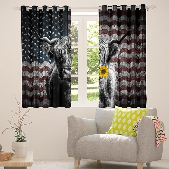 Feelyou Highland Cattle Window Curtains Bedroom Living Room Sunflower Highland Cow Curtains Kids Room Decor Boys Girls America Flag Bull Window Drapes Animal Window Treatments 52W X 90L，2 Panels