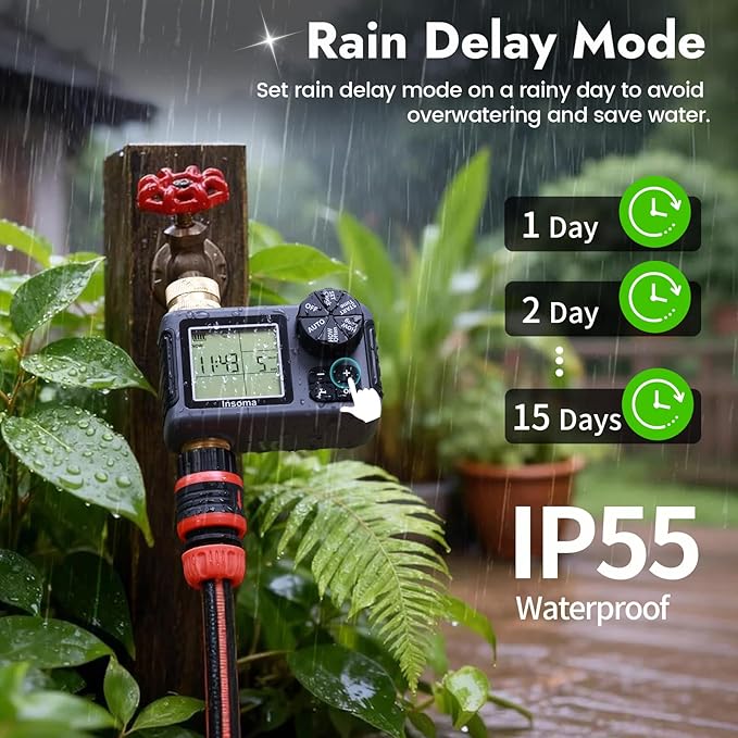 Water Timer for Garden Hose with 100% Metal Pipe, Programmable Sprinkler Controller for Garden Faucet with Auto/Manual/Rain Delay Mode, Irrigation Timers for Lawn, Yard, Outdoor Plants