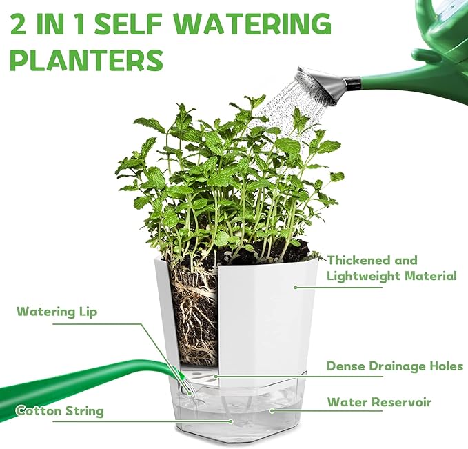 GearRoot 6 Pack Self Watering Planters Pot, 6.6/5 inch Plant and Flower Pot, Decorative Self Watering Pots for Indoor Plants African Violet Wicking Pots, Succulents, Aloe, Herbs