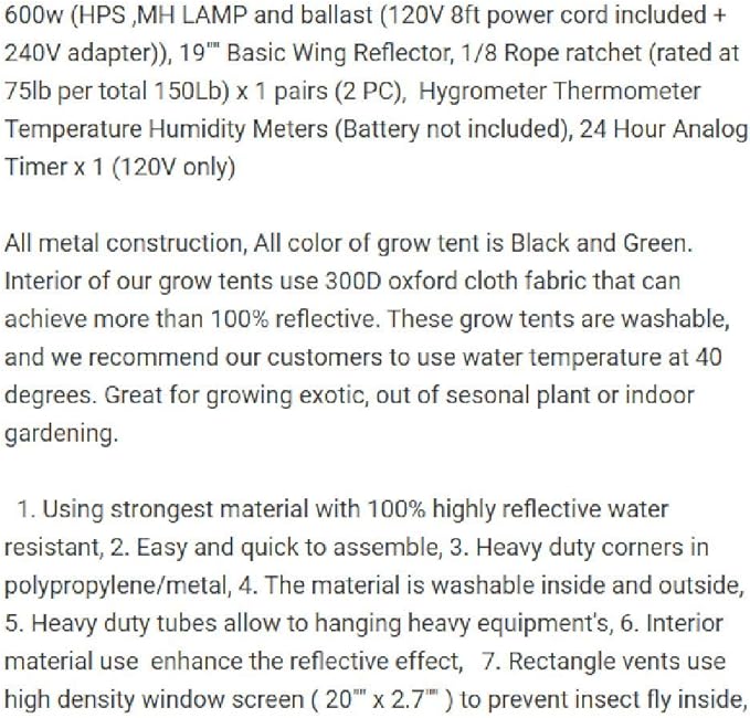 Thaisan7 Grow Tent Room Kit 4" For Exotic Fruits, Herbs, Vegetables, Plant or Out of Seasonal Fruits Home Garden Agricultural Work Improvement- 24" x 24" x 60""-600W HPS MH (WITH OUT VENTILATION)