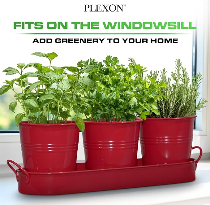 Plexon Herb Planter Indoor Garden Set of 3 with Tray, Metal Herb Pots for Indoor Plants, Round Kitchen Garden Kit Ideal for Windowsill Planter or Countertop, Red Powder Coated