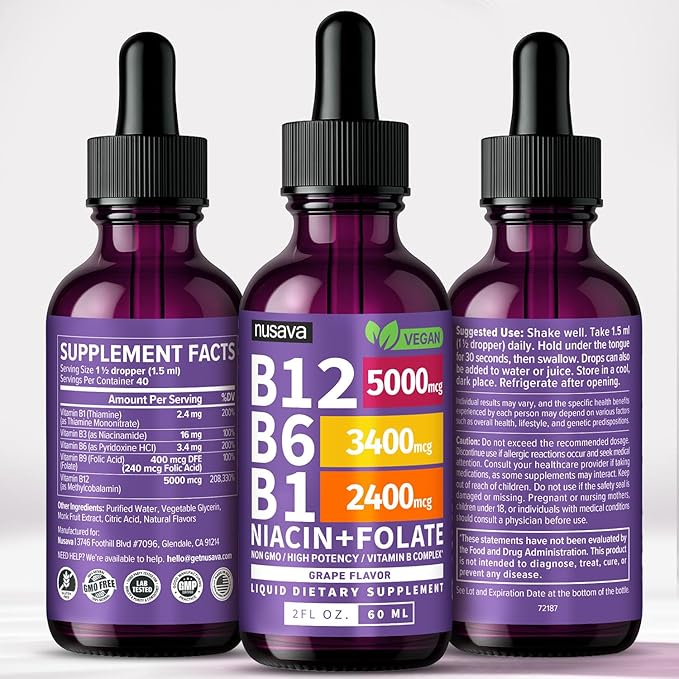 (2 Pack) Vitamin B12 and B6 Liquid Drops, B12 Sublingual Vitamin B Complex - B 12 Vitamin 5000mcg - B12 Methylcobalamin for Energy, Brain, Heart Support with 27,200 mcg, Grape Flavor, 80 Servings