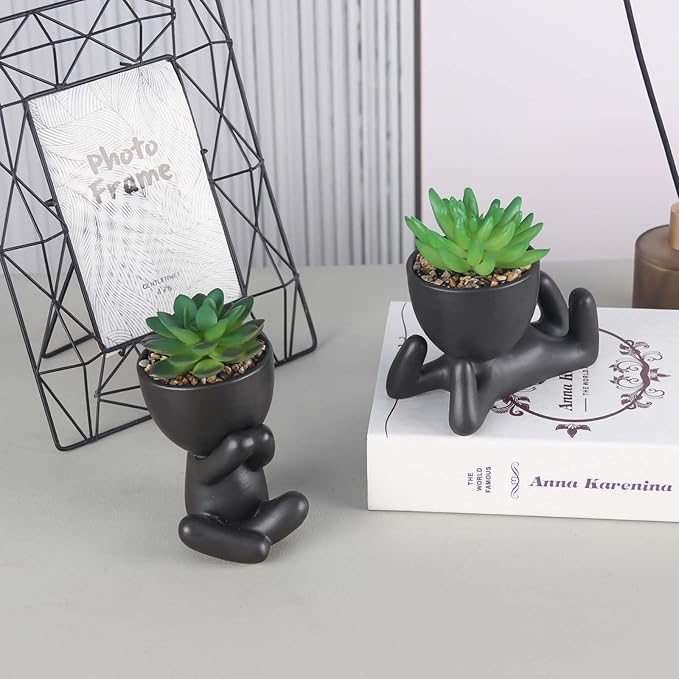 2 Pcs Succulent Artificial Plants Indoor Fake Plants for Office Desk Bathroom Bedroom Room Aesthetic Decor Accessories with Cute Creative Humanoid Ceramic Planter