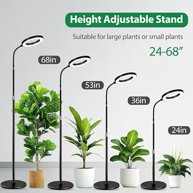 Floor Grow Lights for Indoor Plants, Full Spectrum Plant Light with 68" Stand for Growing Large Tall Plants, Black Halo Grow Lamp with 3/9/12H Timer, 3 Light Modes, 10 Dimming