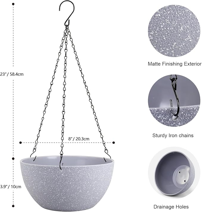 Meowell 8 inch Small Hanging Planters for Indoor Outdoor Plants, 2 Pack Hanging Flower Pots with Drainage Holes and Chain for Garden Porch, Plastic Hanging Baskets for House Plants, Speckled Grey