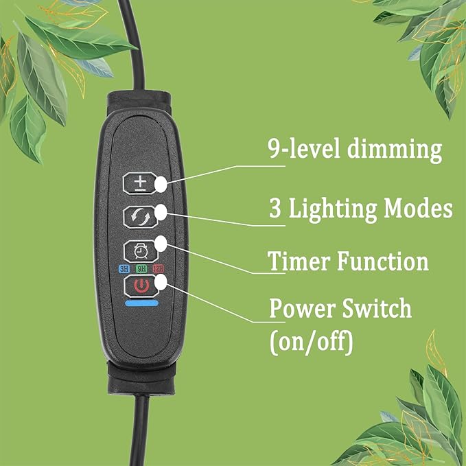 LED Grow Lights for Indoor Plants, 6000K Clip Plant Light with White Red LEDs, Grow Light Strips for Seed Starting 9 Dimmable Levels Auto ON Off with 3/9/12H Timer