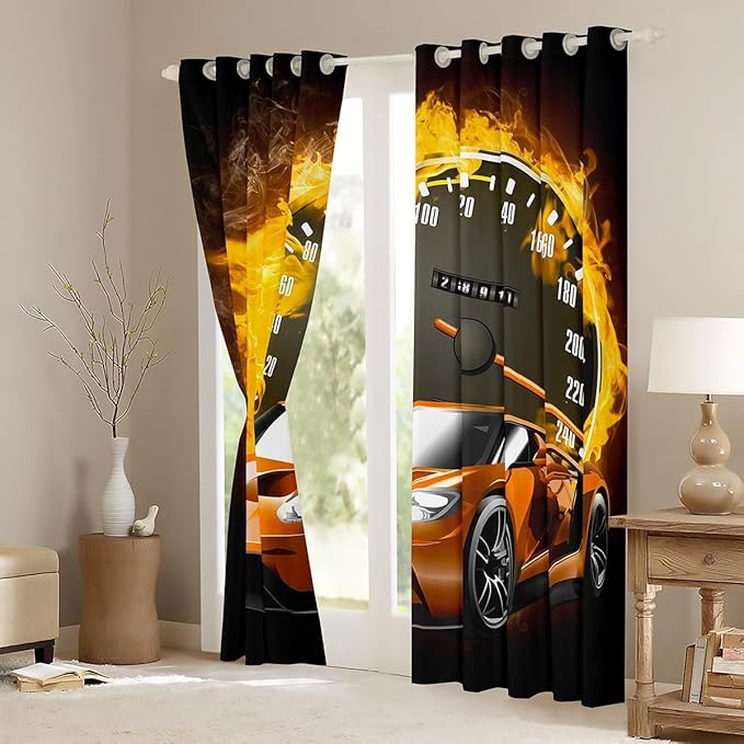 Orange Sports Car Blackout Curtains,Cool Speed Race Cars Racing Games Curtains & Drapes 2 Panels 38"Wx54"L,Extreme Sport Hobby Activity Themed Window Treatments,Yellow Firing Window Curtains Black