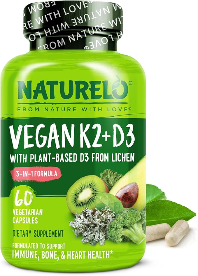 NATURELO Vitamin D3 K2 - Vegan with Plant Based D3 from Lichen - Natural Supplement for Immune System, Bone Support, Heart Health - Whole Food - Non-GMO - Gluten Free, 60 Capsules