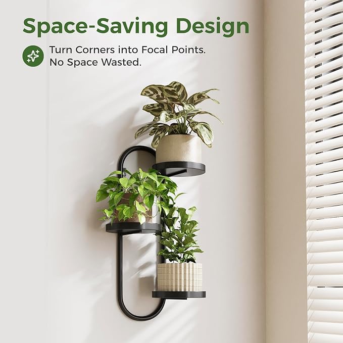 Laposso Wall Plant Holder 3 Tier Window Plant Shelves Metal Plant Wall Hanger for Indoor Plants Hanging Small Wall Shelf Living Room Balcony Black