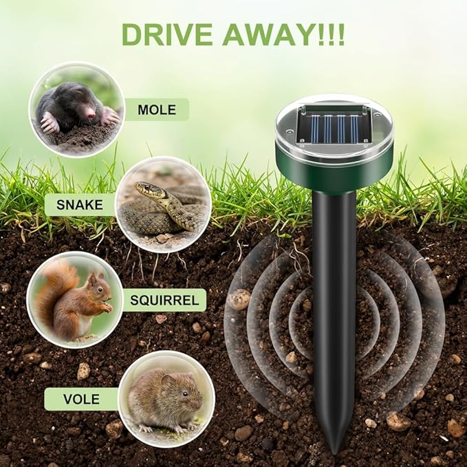 Ultrasonic Solar Mole Repellent - Gopher, Vole & Rodent Repellent for Yard & Garden - Sonic Burrowing Pest Control, Snake & Groundhog Repellent, Pet Friendly, Outdoor Waterproof – 10 Pack, Round