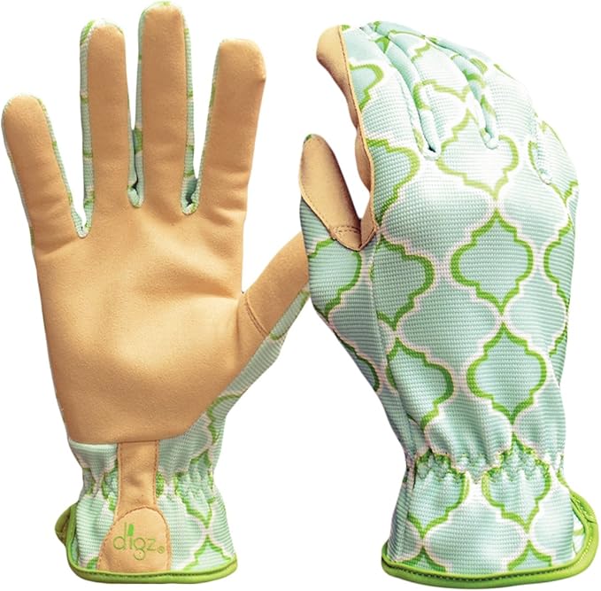 Digz Planter Pro Women's Gardening Gloves and Work Gloves with Touch Screen Compatible Fingertips, Geometric Pattern, Medium,Beige