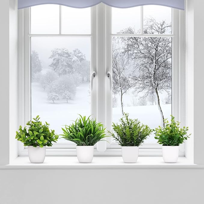 Yoratee 4 Pot Small Fake Plant Flowerpot Artificial Plastic Eucalyptus Plant Wheat Grass Shrub Plant Indoor Desk Coffee Table Bathroom Bedroom Home Decoration (4)
