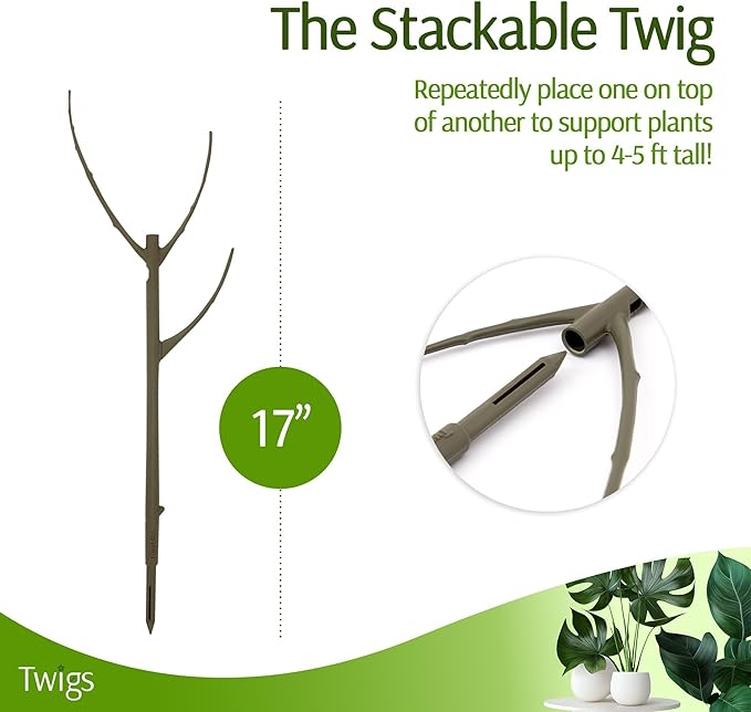 Twigs GA - Stackable Plant Support Stakes, Indoor & Outdoor Houseplant Stem Support, Garden Accessories, Durable Trellis Alternative for Climbing & Potted Plants - Moonstone, 3 Pack, 17" L