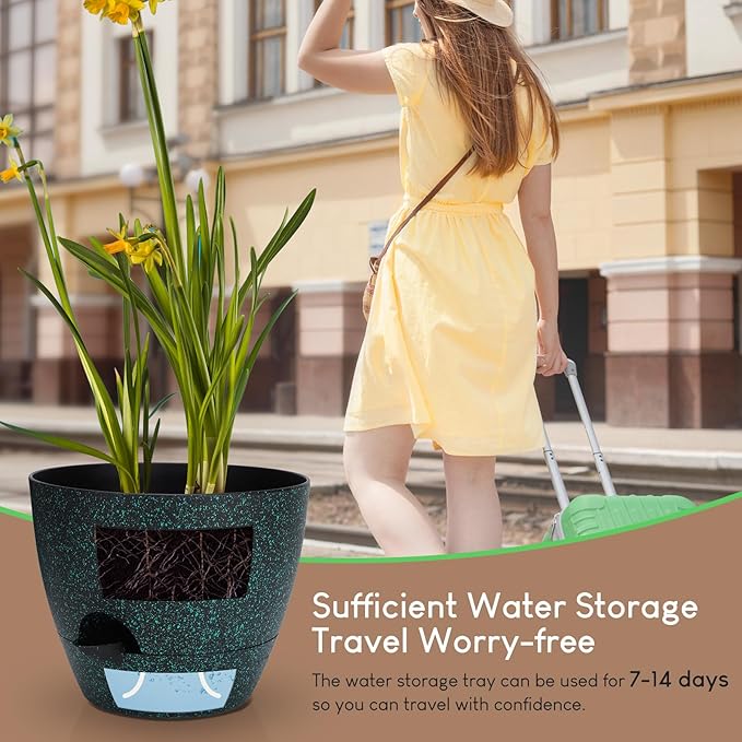 YNNICO Plant Pots 10/9/8/7.5/7 inch, Self Watering Planters with Drainage Holes & Saucers for Indoor and Outdoor Plants (Green Speckles)