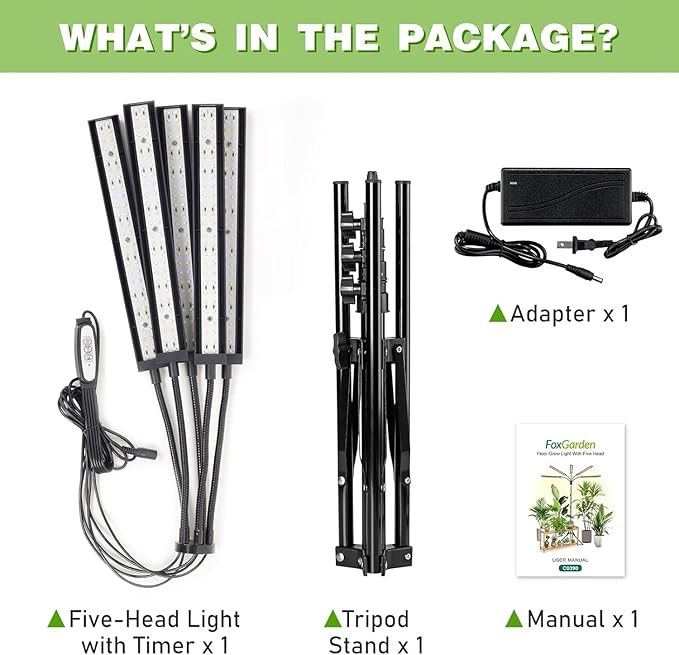 FOXGARDEN Grow Lights for Indoor Plants 5-Head Full Spectrum with Tripod Stand, Timer, Dimmable Flexible Goosenecks for Indoor Potted Plants