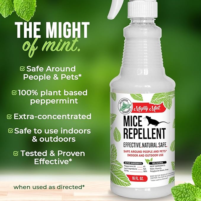 Mighty Mint Peppermint Oil Mouse Repellent Spray – Natural Indoor & Outdoor Control for Mice and Rodents – Plant-Based, Extra-Strong Formula - 16 oz