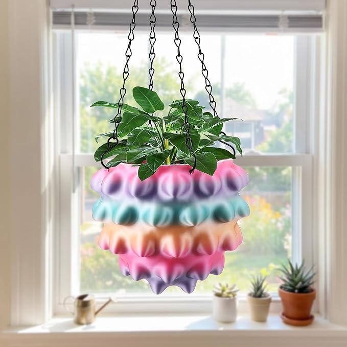 Enhon 7 Inch Hanging Planters for Indoor Plants, Unique Hanging Pots for Plants with Drainage and Hanger Baskets Hangers, Spiked Orb Plant Hanger, Silky Rainbow Finish