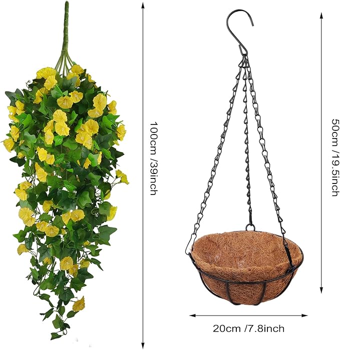 Artificial Fake Hanging Flowers Plants Basket for Spring Outdoor Outside Decoration, UV Resistant Faux Plastic Fabric Flower Morning Glory Wisteria Petunia for Garden Porch Patio Balcony Yard Decor