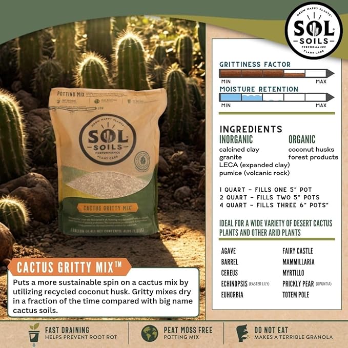 Sol Soils Cactus Soil Potting Mix - Fast Draining, Peat Moss Free, Gritty - 1 Quart - Coconut Husk, Granite, Calcined Clay, Pumice
