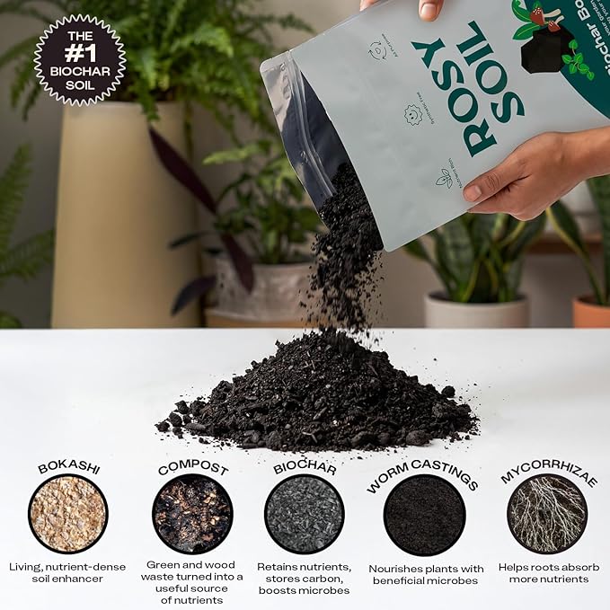 Rosy Soil Biochar Booster - Biochar Soil Amendment for Flowers and Vegetable Gardens - Horticultural Charcoal for Outdoor and Indoor Plants - Biochar Supplement for Potting Soil & Potting Mixes - 8qt