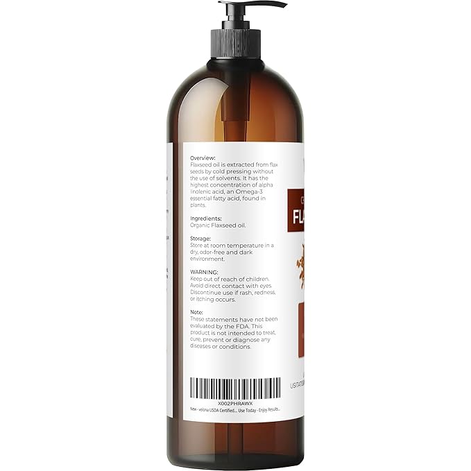 velona USDA Certified Organic Flaxseed Oil - 32 Fl Oz | 100% Pure and Natural Carrier Oil | Unrefined, Cold Pressed |Body, Face & Skin Care | Use Today - Enjoy Results…